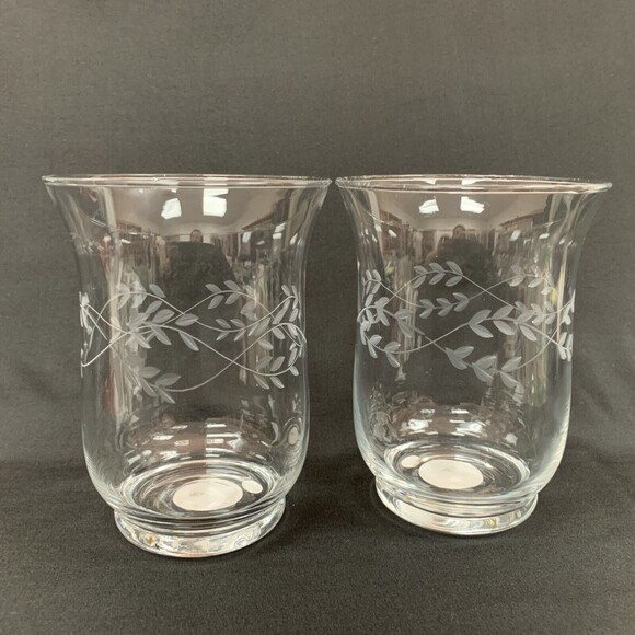 Elements Candle Holders Clear Glass Etched Leaves 5 7/8" High - Picture 1 of 9